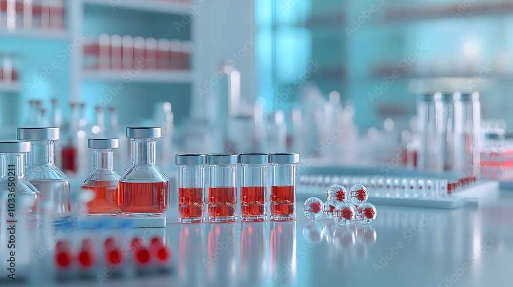 Laboratory Setup with Glass Vials and Red Liquid Laboratory Setup with Glass Vials and Red Liquid