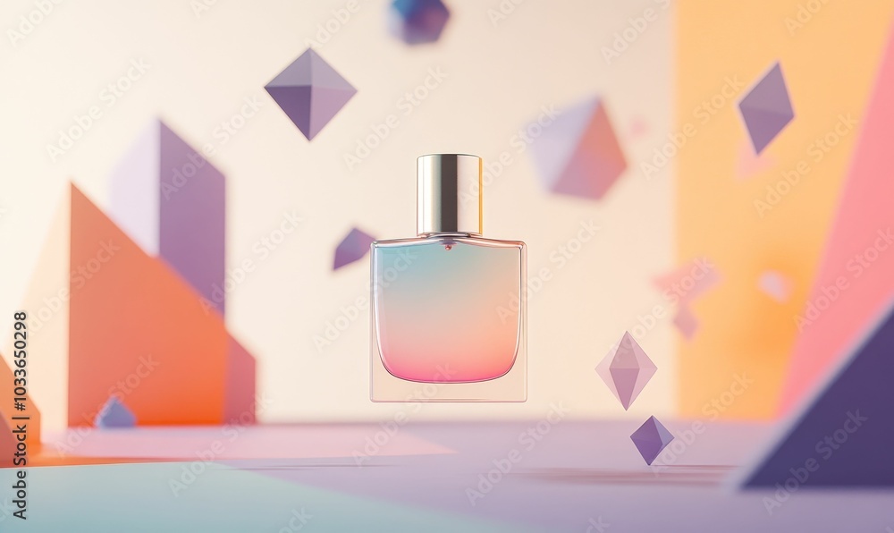 Perfume bottle floating amidst geometric shapes. Perfume bottle floating amidst geometric shapes.