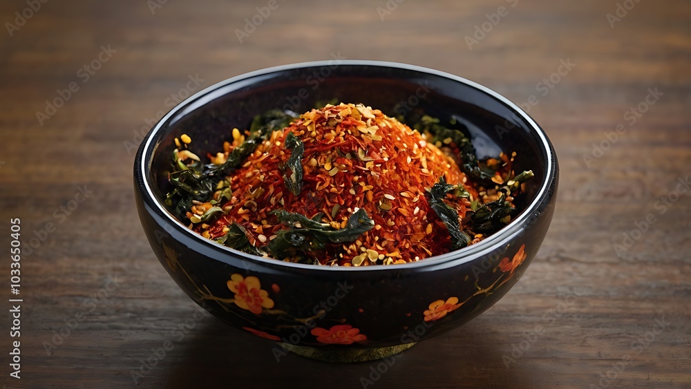 A colorful mix of Japanese Shichimi Togarashi spices with dried chili, orange peel, sesame seeds, and seaweed, beautifully arranged in a lacquered bowl, evoking the flavors of Japanese cuisine. A colorful mix of Japanese Shichimi Togarashi spices with dried chili, orange peel, sesame seeds, and seaweed, beautifully arranged in a lacquered bowl, evoking the flavors of Japanese cuisine.
