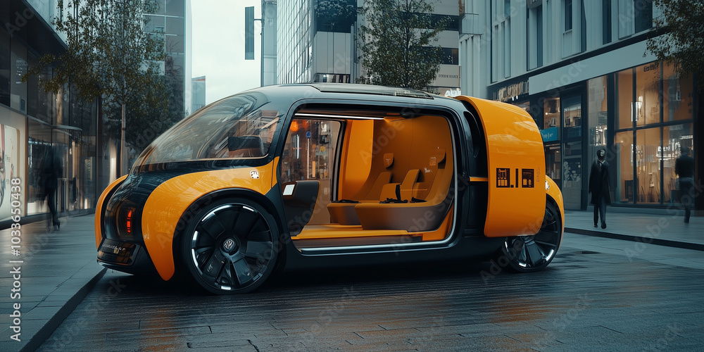 Fototapeta premium Autonomous Vehicles Providing Convenient Self-Driving Experience in an Urban Cityscape, Featuring Advanced AI Technology for Safe and Efficient Transportation Solutions.