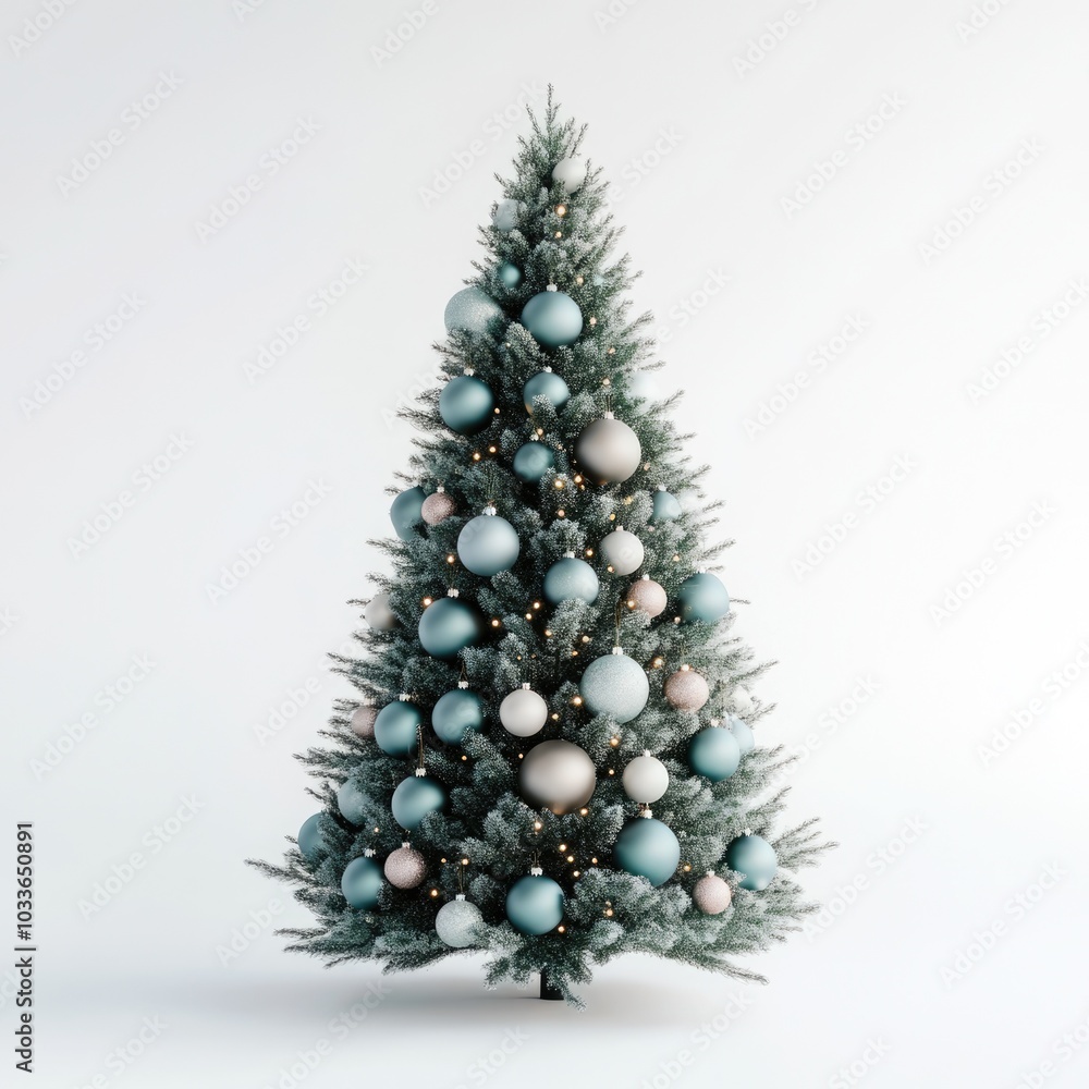 Festive Christmas Tree with Ornaments on White Background Festive Christmas Tree with Ornaments on White Background