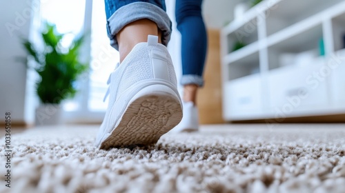 A person wearing casual sneakers is walking indoors on a gray plush carpet, exemplifying comfort and home living in a modern, relaxed domestic environment. photo