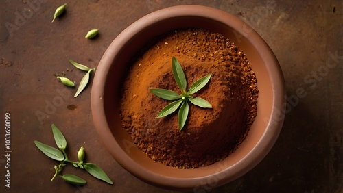 A fiery Ethiopian Mitmita spice blend with ground chili, cumin, and cardamom, arranged in a rustic clay dish, reflecting the bold and intense flavors of Ethiopian cuisine. photo