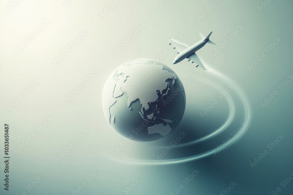 Fototapeta premium A globe is depicted with an airplane flying around it, leaving a subtle trail that signifies exploration and global adventures. Generative AI