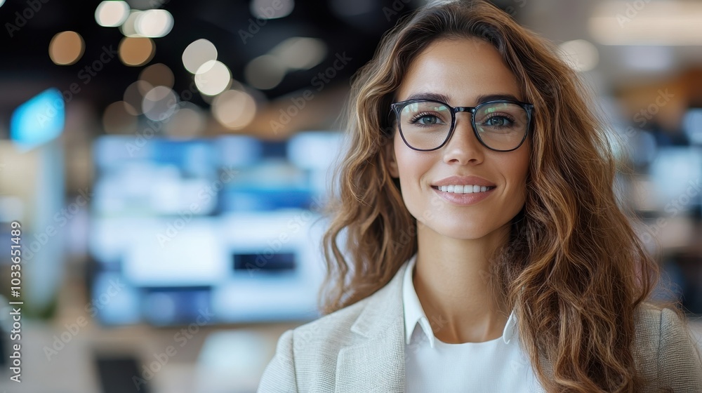 A woman in professional attire, with glasses, smiles brightly in a tech setting, embodying confidence, intelligence, and modern professionalism. A woman in professional attire, with glasses, smiles brightly in a tech setting, embodying confidence, intelligence, and modern professionalism.