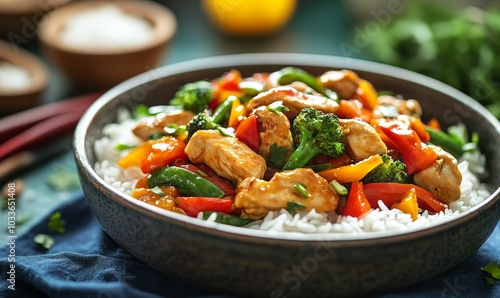 Chicken stir-fry with rice, peppers, and broccoli.