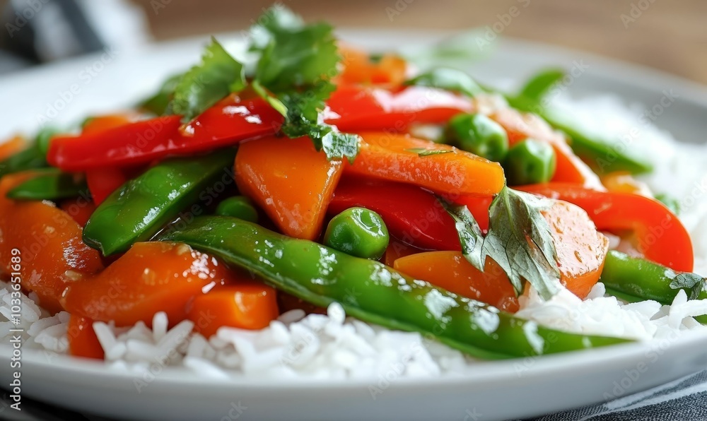 Stir-fried vegetables and rice on a white plate. Stir-fried vegetables and rice on a white plate.