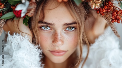 A freckled girl adorned with a vibrant floral crown gazes soulfully ahead, the artistry of her expression highlighting a blend of nature and innocence. photo