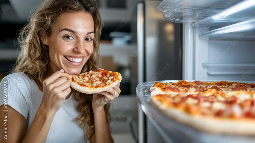 A woman with long hair happily holds a slice of pizza near an open refrigerator, joy and appetite clearly visible on her face, in a casual kitchen setting. A woman with long hair happily holds a slice of pizza near an open refrigerator, joy and appetite clearly visible on her face, in a casual kitchen setting.