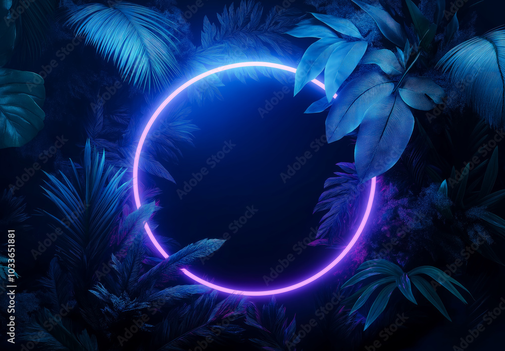 Neon Glowing blue light circle ring frame with tropical leaves on a dark background, with copy space. Neon Glowing blue light circle ring frame with tropical leaves on a dark background, with copy space.