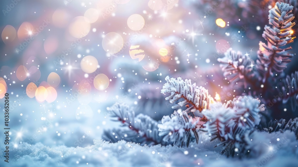 Breathtaking winter landscape with a snow covered fir tree set against a backdrop of a snowy forest with twinkling lights adding a touch of festive magic and creating a serene enchanting atmosphere Breathtaking winter landscape with a snow covered fir tree set against a backdrop of a snowy forest with twinkling lights adding a touch of festive magic and creating a serene enchanting atmosphere