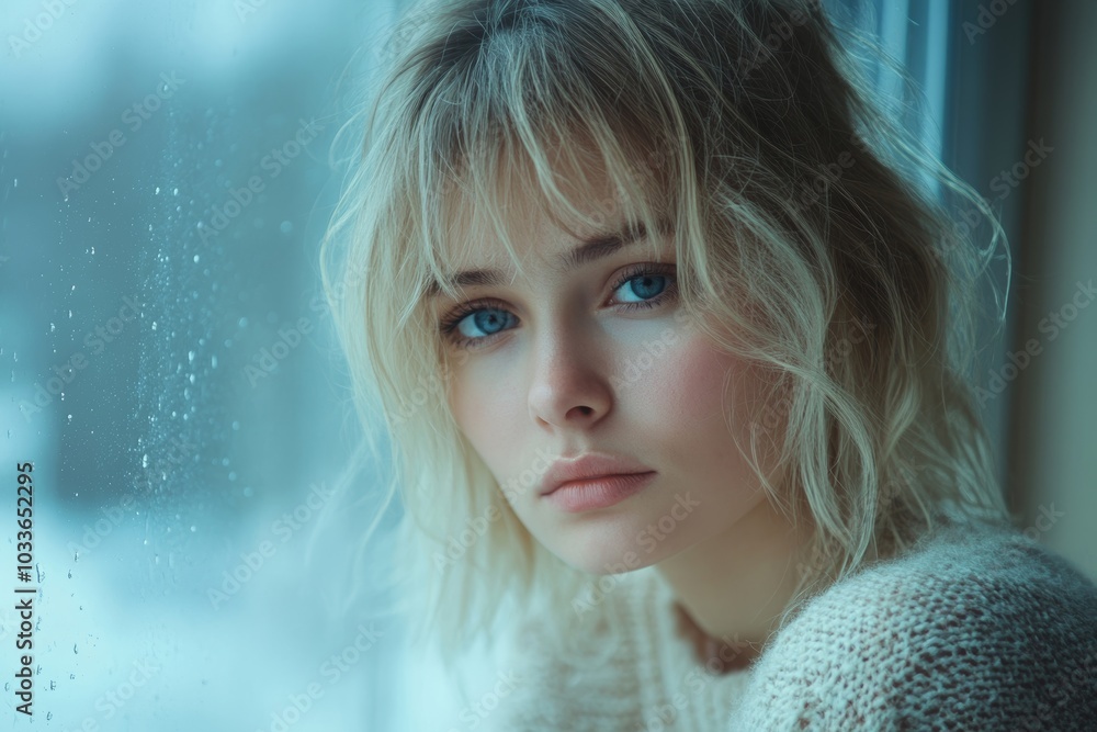 Portrait of depressed young blond woman near window at home. Sadness, nostlagic, depression, Generative AI Portrait of depressed young blond woman near window at home. Sadness, nostlagic, depression, Generative AI