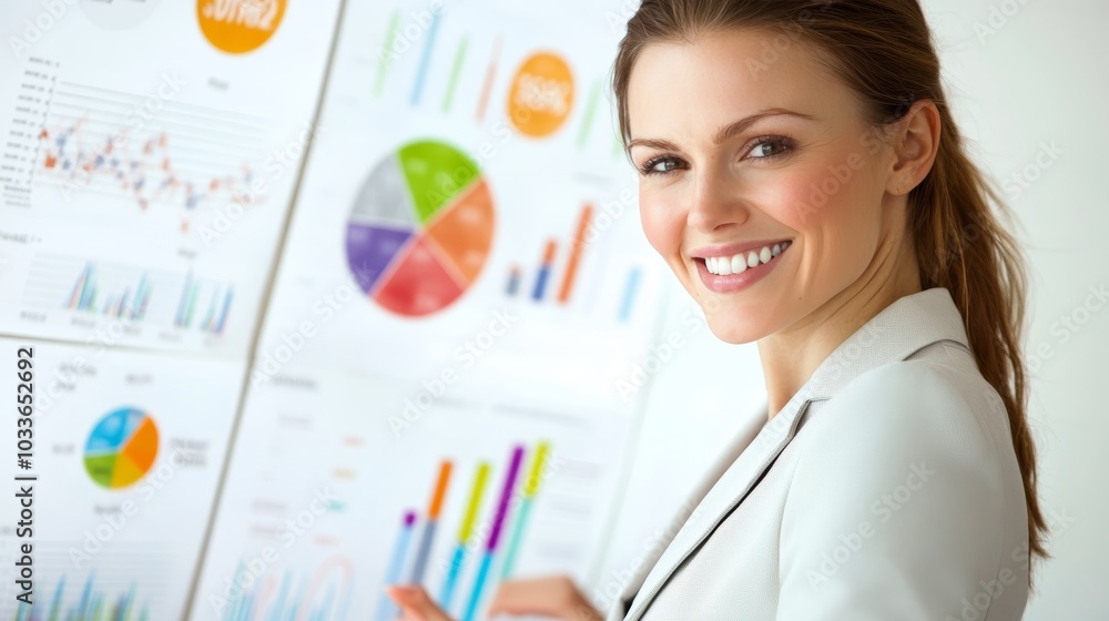 Confident businesswoman in a white suit pointing at whiteboard during presentation