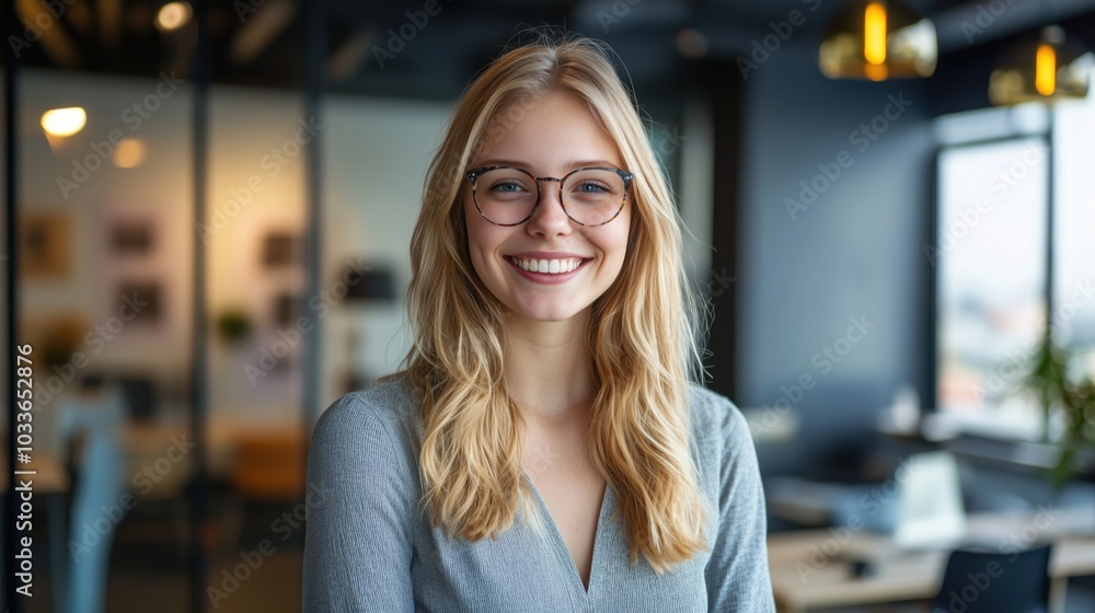 Smiling woman with glasses in modern office setting, bright atmosphere Smiling woman with glasses in modern office setting, bright atmosphere