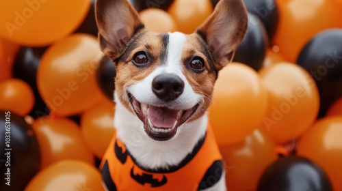 A cheerful dog in a Halloween costume poses happily among orange and black balloons at a festive outdoor gathering