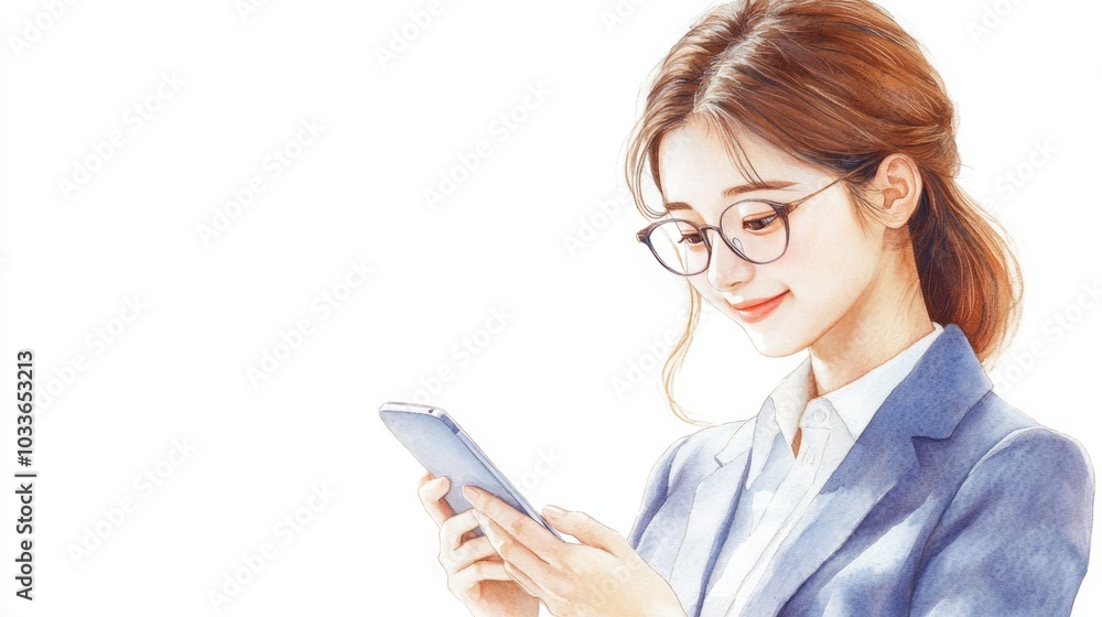 Woman in glasses immersed in mobile phone use, a glimpse into modern communication Woman in glasses immersed in mobile phone use, a glimpse into modern communication