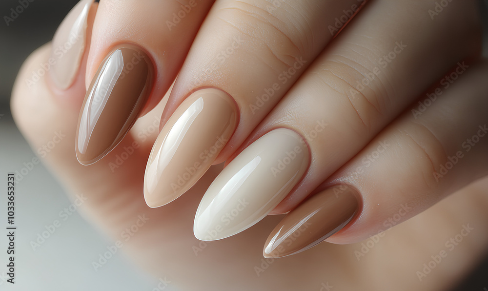 Hand with a manicured nail with a brown and tan color. The nails are painted in a pattern of three different colors Hand with a manicured nail with a brown and tan color. The nails are painted in a pattern of three different colors