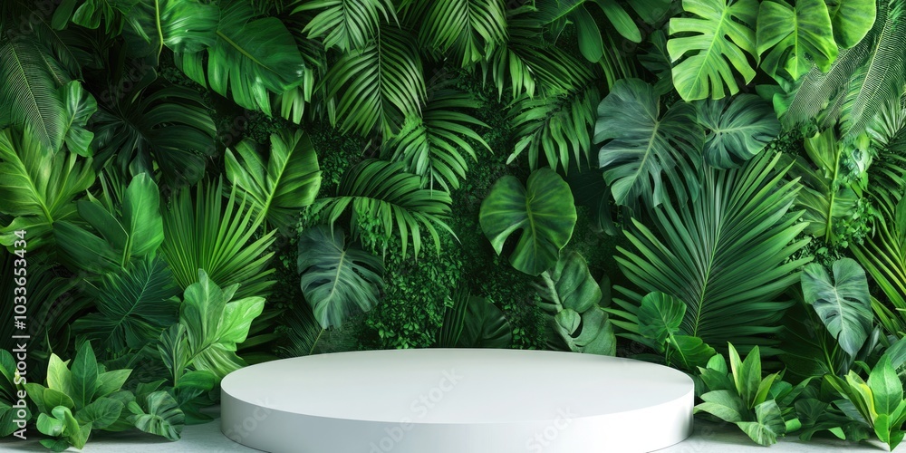 Tropical Jungle Product Display with Green Leaves and Wooden Platform Tropical Jungle Product Display with Green Leaves and Wooden Platform