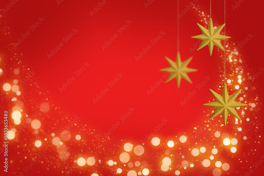 Gold hanging decor stars on red background with bokeh lights. Festive winter holiday decoration and ornament. Modern design for greeting card, banner, invitation Gold hanging decor stars on red background with bokeh lights. Festive winter holiday decoration and ornament. Modern design for greeting card, banner, invitation