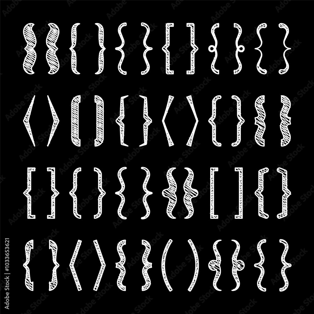 Shaded text brackets, black quotation box. Curly, square and corner parentheses. Vintage typographical symbol, calligraphic quote frame. Doodle, lettering element. Vector illustration Shaded text brackets, black quotation box. Curly, square and corner parentheses. Vintage typographical symbol, calligraphic quote frame. Doodle, lettering element. Vector illustration