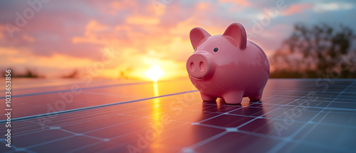 pink piggy bank sits on a solar panel during sunset, symbolizing sustainable savings, financial growth, and renewable energy investment.