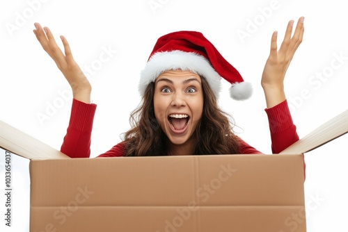 Young woman wearing a Santa hat, enthusiastically emerging from an open cardboard box with arms raised in excitement. Christmas celebration, holiday cheer, and festive surprise concept. photo