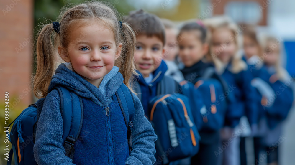 Girl in school uniform with backpack, standing in line with classmates outdoors. Group of young students, ready for school, learning and friendship, cold weather setting for education and community Girl in school uniform with backpack, standing in line with classmates outdoors. Group of young students, ready for school, learning and friendship, cold weather setting for education and community
