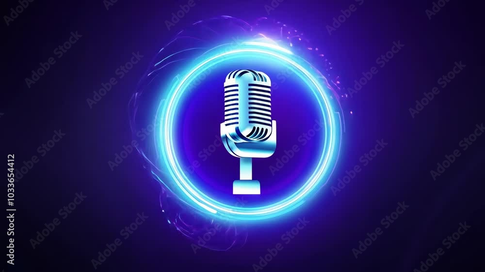 Vintage microphone surrounded by futuristic neon glow on dark background