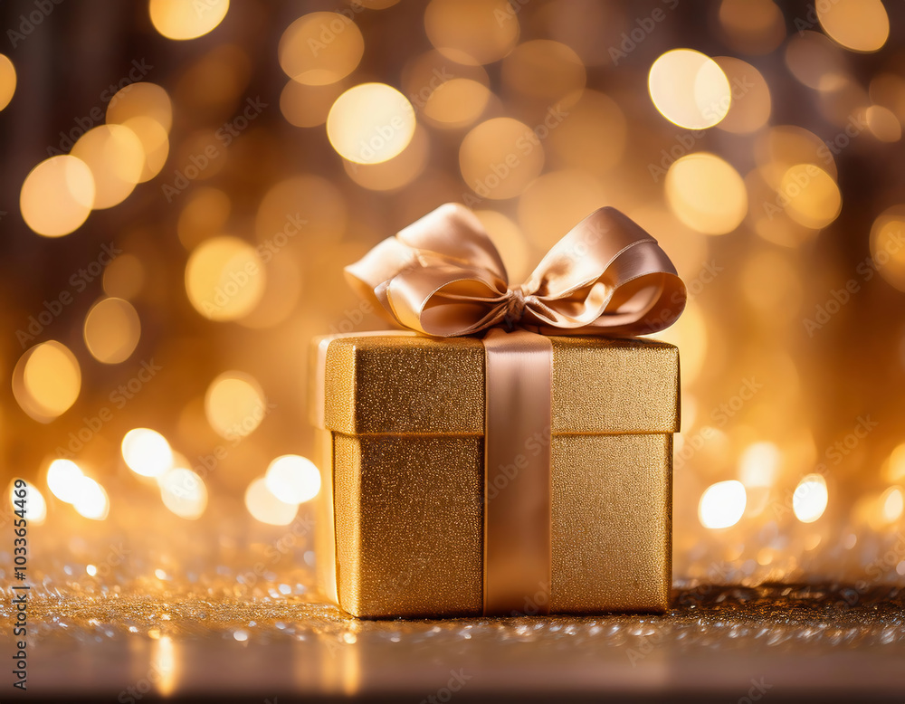Gold gift box with golden ribbon on bokeh lights background. Gold gift box with golden ribbon on bokeh lights background.