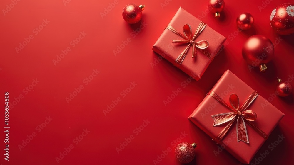 Festive red gifts with bows and ornaments arranged on a vibrant red background during the holiday season Festive red gifts with bows and ornaments arranged on a vibrant red background during the holiday season