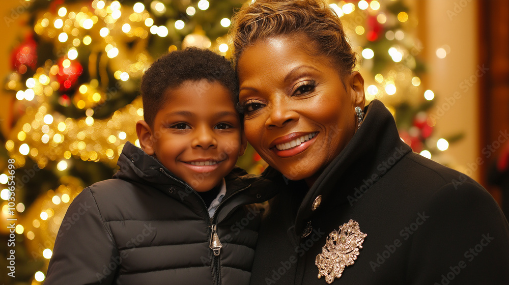African American mother and child sharing joyful embrace at Christmas tree, festive holiday portrait. Family love and celebration capturing authentic happiness for seasonal and lifestyle concepts African American mother and child sharing joyful embrace at Christmas tree, festive holiday portrait. Family love and celebration capturing authentic happiness for seasonal and lifestyle concepts