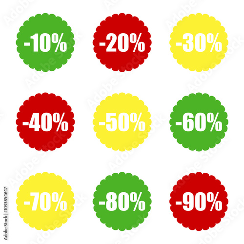 Colored blank promo stickers set.Sale up to 10,20,30,40,50,60,70,80,90 percent on jagged edge circle of colored circles label set. Vector design element.