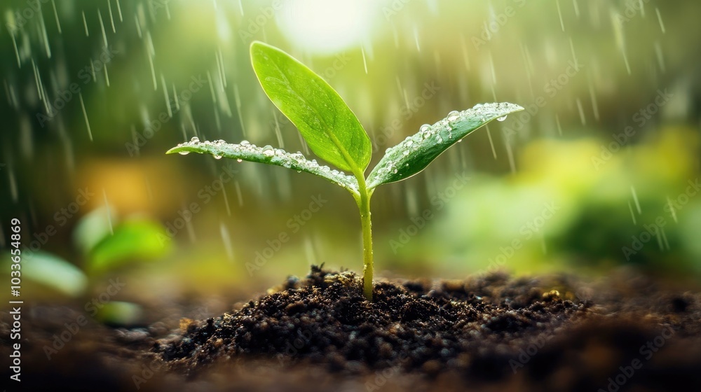 Fototapeta premium A young sprout in fresh soil, with soft rain falling, symbolizing growth, life, and the promise of new beginnings in nature