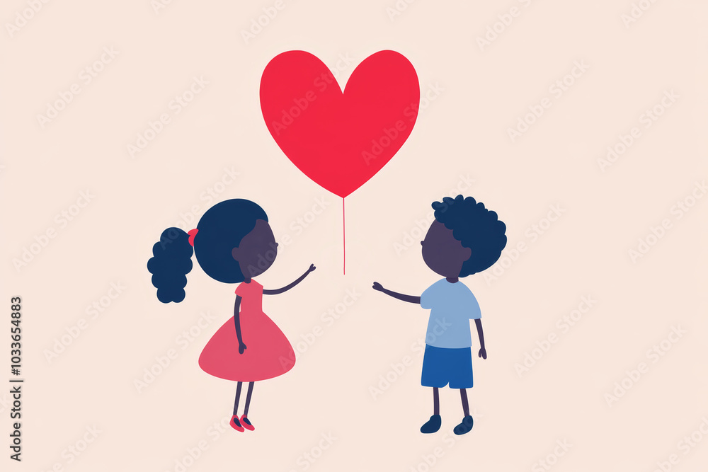 Two children sharing a heart-shaped balloon on a light background during a joyful moment in a playful setting Two children sharing a heart-shaped balloon on a light background during a joyful moment in a playful setting