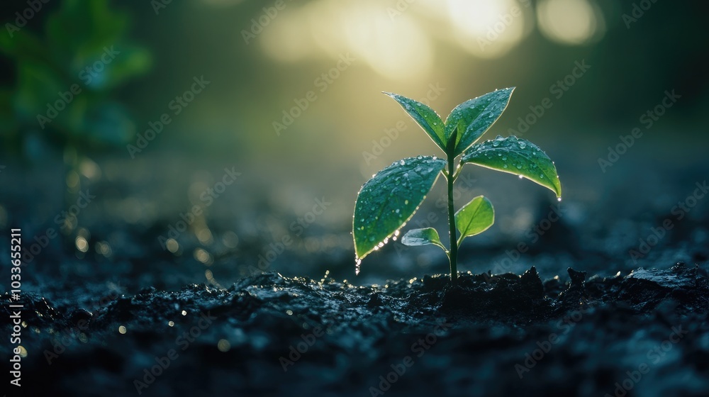 Raindrops falling on a tender green seedling, with soft light emphasizing the theme of new life, growth, and nurturing beginnings Raindrops falling on a tender green seedling, with soft light emphasizing the theme of new life, growth, and nurturing beginnings