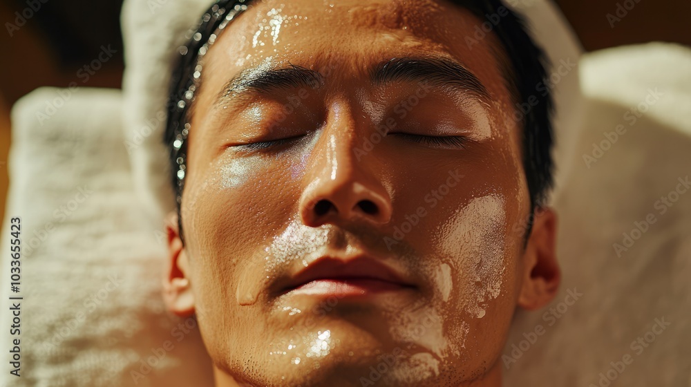 Asian man on spa procedure. Asian man in spa salon. Asian self-care. Cosmetology. Asian man on spa procedure. Asian man in spa salon. Asian self-care. Cosmetology.