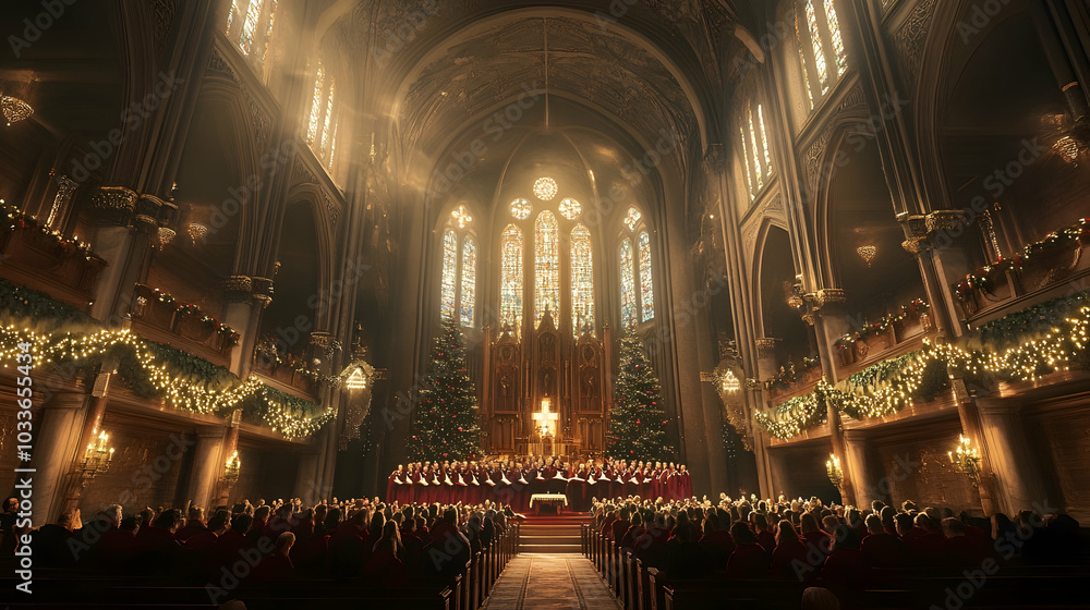 Obraz premium A Christmas choir performing inside a beautiful church. -