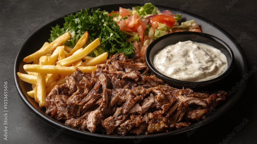 A plate of perfectly sliced doner kebab meat with French fries and fresh salad, complemented by a yogurt dip sauce on the side. A plate of perfectly sliced doner kebab meat with French fries and fresh salad, complemented by a yogurt dip sauce on the side.