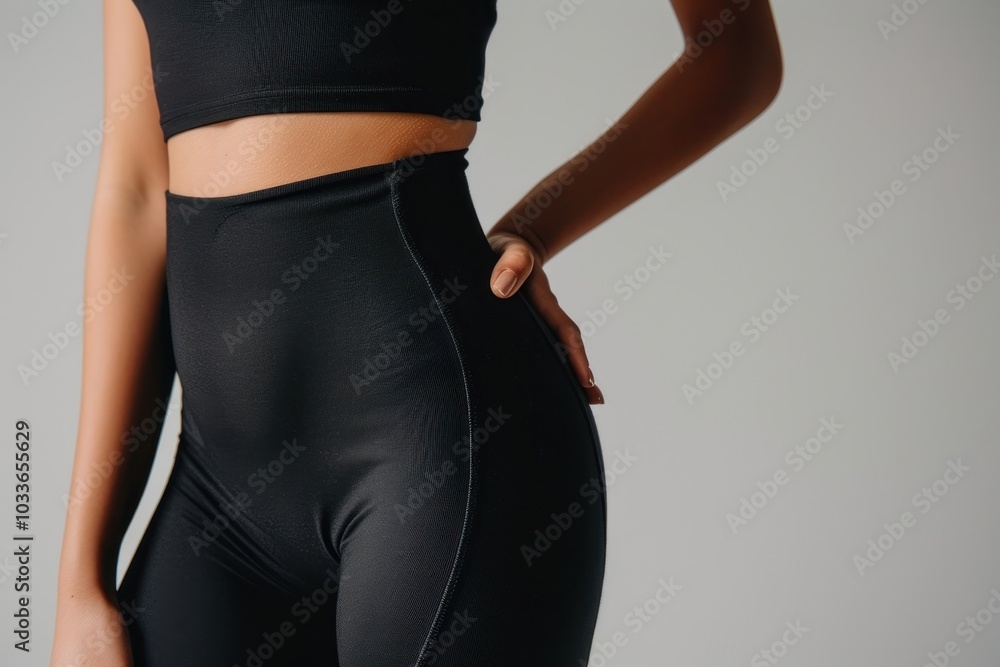 Woman waist wearing black bodysuit spandex pants adult. Woman waist wearing black bodysuit spandex pants adult.