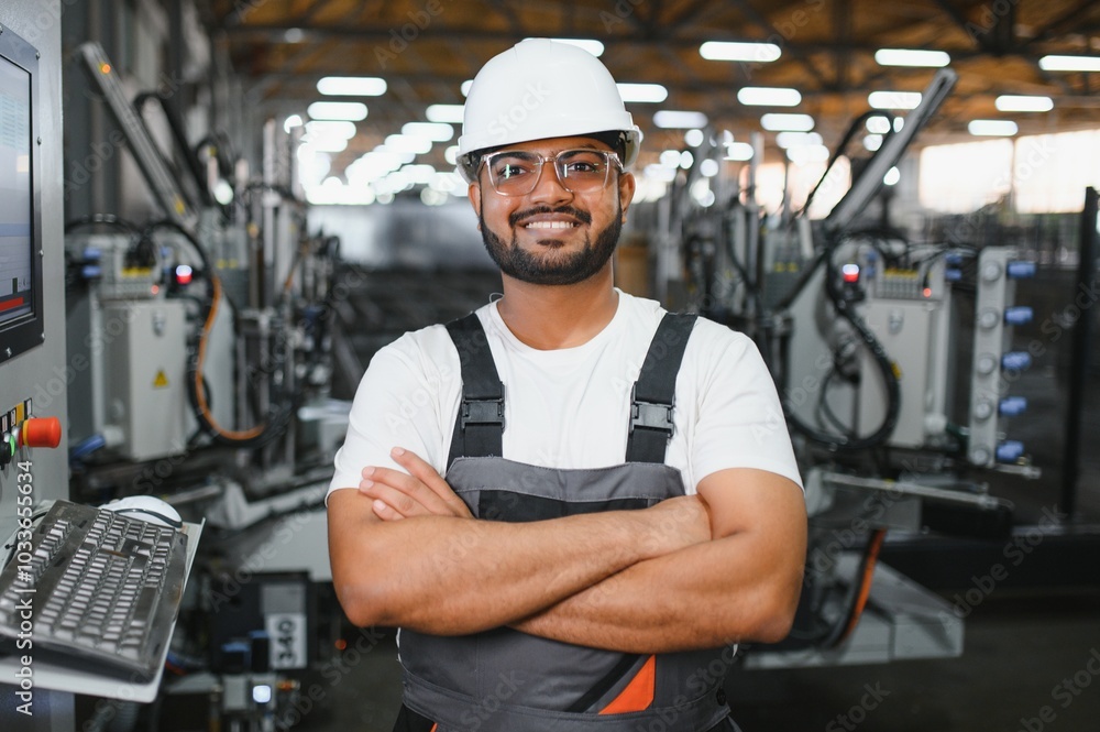 Smiling and happy indian employee. Industrial worker indoors in factory. Young technician with orange hard hat.