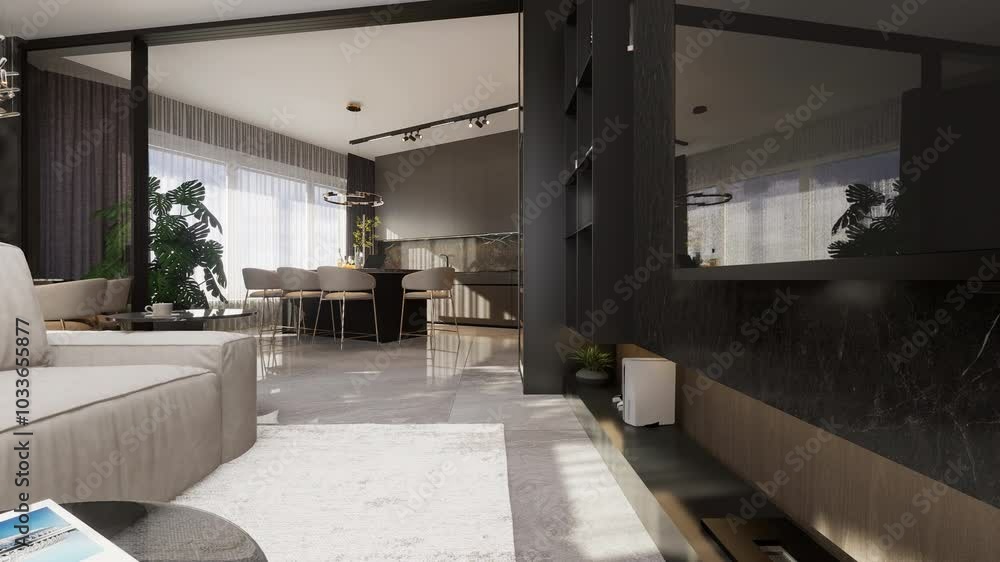 Modern Kitchen and Dining Area in Minimalist Style, Featuring Dark ...