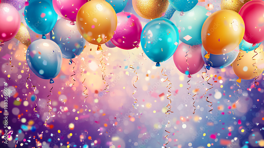 Colorful bunch of balloons with confetti falling from them Colorful bunch of balloons with confetti falling from them