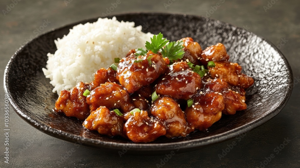 A savory serving of teriyaki chicken placed neatly on a plate, with a side of white rice and a light garnish. A savory serving of teriyaki chicken placed neatly on a plate, with a side of white rice and a light garnish.