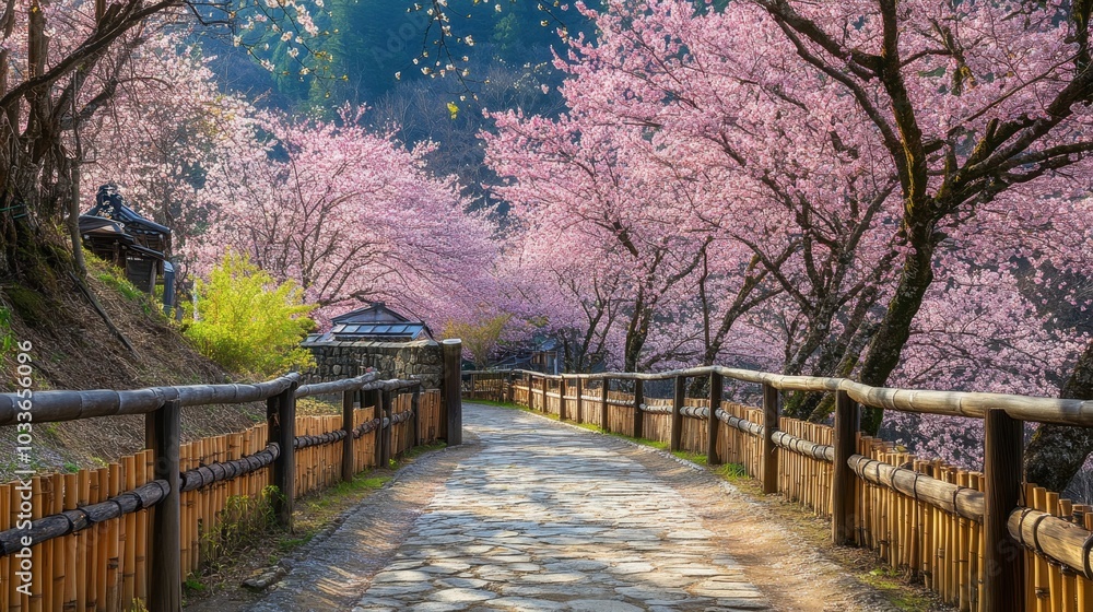 A scenic garden walkway surrounded by blossoming pink sakura trees, with bright sunlight highlighting the vibrant colors of spring A scenic garden walkway surrounded by blossoming pink sakura trees, with bright sunlight highlighting the vibrant colors of spring