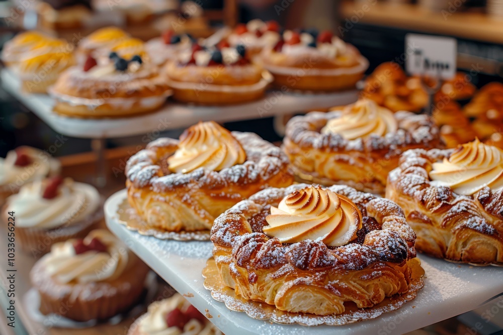 close up shot of Pastries placed next to each other, Sweets and Pastries Shop interior background, cinematic, promotional advertisement photography close up shot of Pastries placed next to each other, Sweets and Pastries Shop interior background, cinematic, promotional advertisement photography