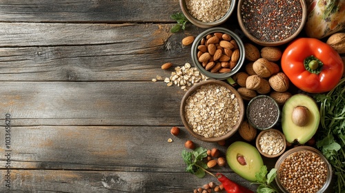 A selection of healthy foods like fruits, vegetables, nuts, and grains arranged on a rustic wooden table, emphasizing clean eating and wellness.