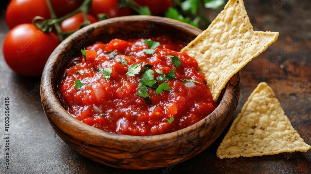 A serving of rich, chunky tomato sauce in a wooden bowl, with a single tortilla chip resting on the side, ready to dip. A serving of rich, chunky tomato sauce in a wooden bowl, with a single tortilla chip resting on the side, ready to dip.