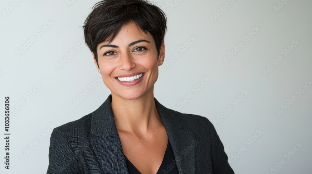 A smiling businesswoman standing confidently against a white background, ideal for business headshots or corporate profiles. A smiling businesswoman standing confidently against a white background, ideal for business headshots or corporate profiles.