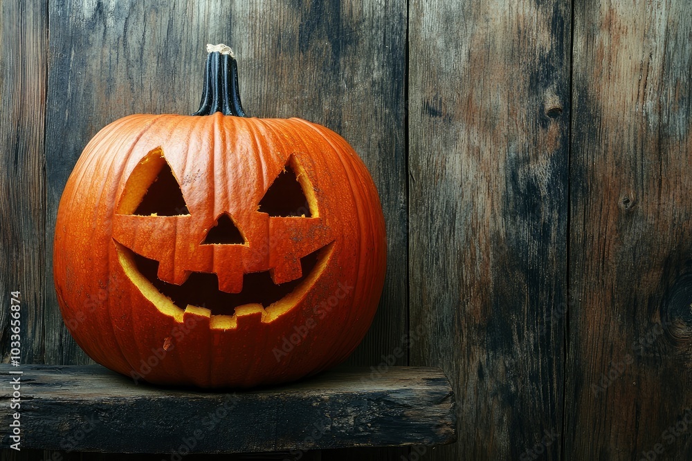 Scary halloween pumpkin on wooden planks with generative ai Scary halloween pumpkin on wooden planks with generative ai