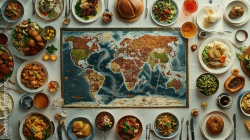 A table with a detailed world map at the center, surrounded by dishes representing food from various countries, showcasing global culinary diversity.